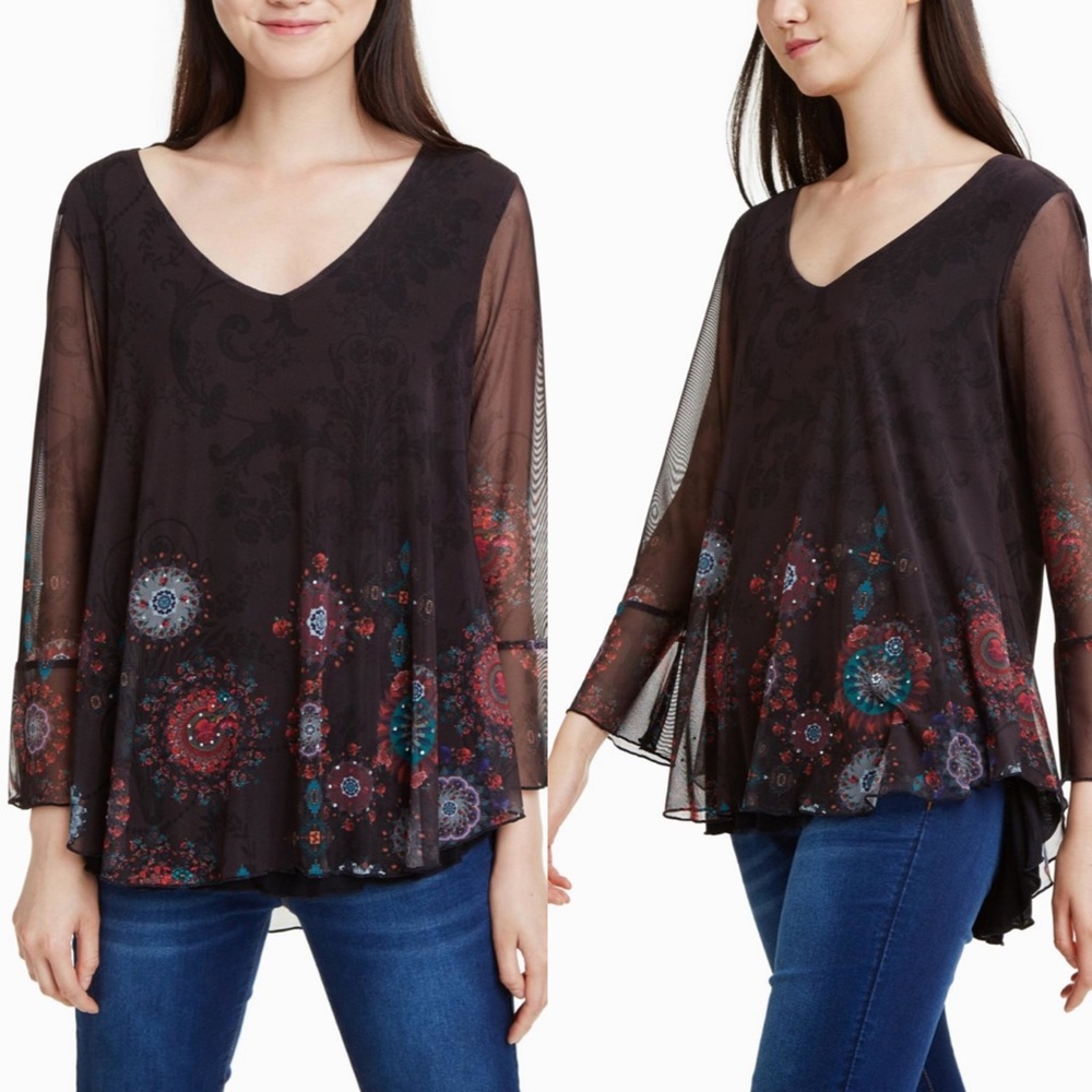 DESIGUAL Black Brule Sheer Bell Sleeve Medallion Boho Blouse Top XL
